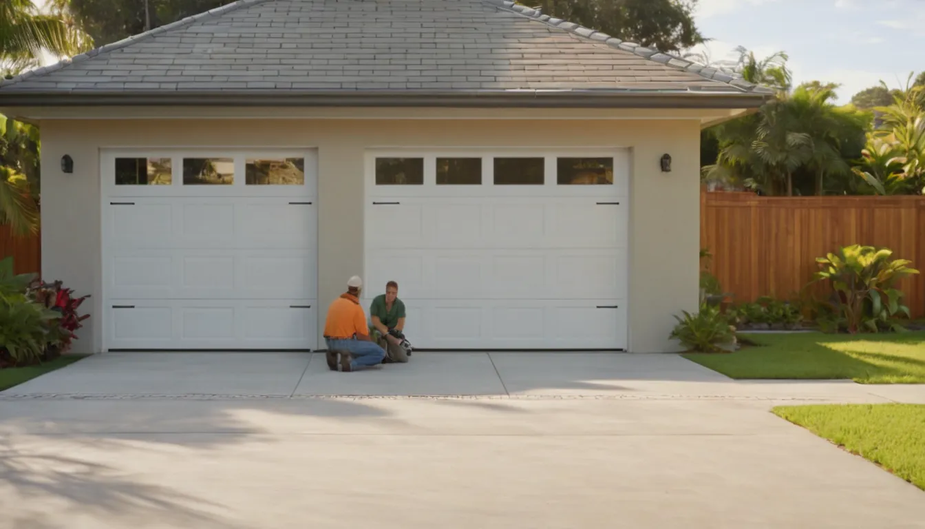 Friendly local provider inspecting the springs and tracks of a garage door at a home in the Fort Lauderdale area